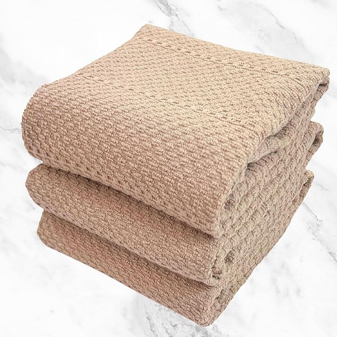 Beige Clay Light Brown Taupe Kitchen Hand Dish Towels: Oversized 28" x 18",100% Cotton Cloth Soft Cleaning Drying Absorbent Textured Design, Set of 3 Multipurpose for Everyday Use (Beige Textured)