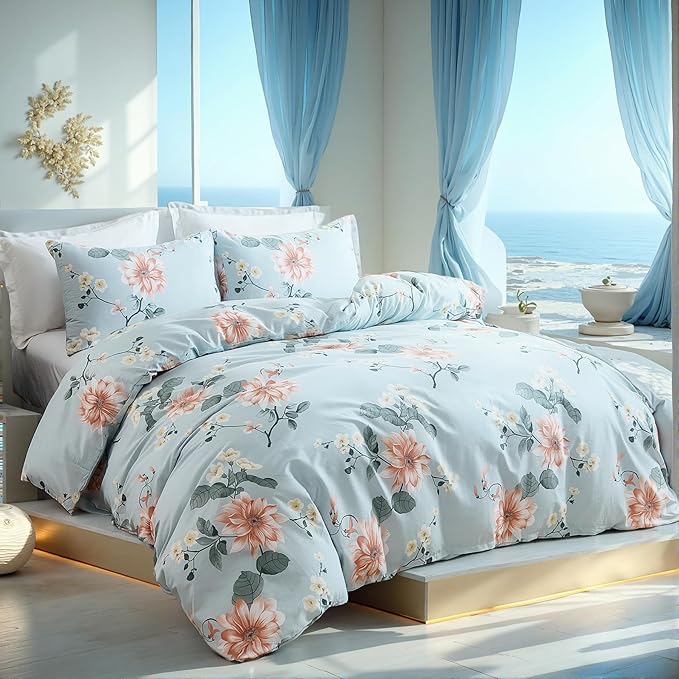 Blue Floral Duvet Cover King Size 100% Soft Cotton 3 Pieces French Country Chic Garden Style Luxury Blossom Floral Vibrant Pattern Reversible Flower Duvet Cover with Zipper Closure