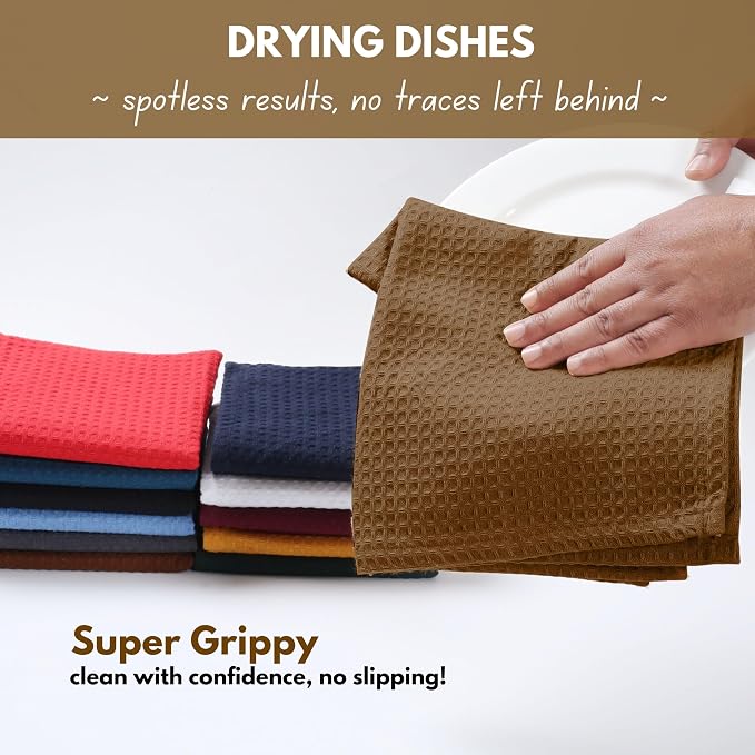 Native Fab 6 Pack Waffle Dish Cloths -100% Cotton, Absorbent, Quick Drying & Soft Towels for Cleaning, Cooking & Drying Dishes - Perfect for Home, Restaurants & Bars, 12" x 12" - Brown