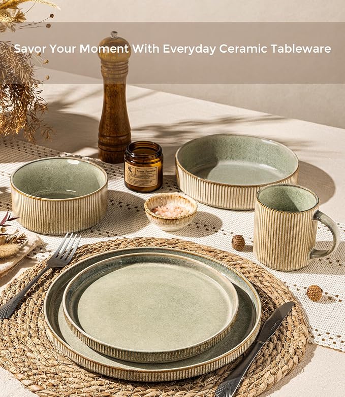 GBHOME 12-Piece Stoneware Dinnerware Set for 4 – Ribbed Ceramic Plates and Bowls, Scratch-Resistant, Microwave & Dishwasher Safe, Reactive Glaze, Desert Sage