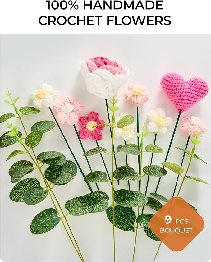 Crochet Flowers Bouquet Gift for Wife Girlfriend Lover Fiancee Mother Women, Handmade Artificial Knitted Flower with Roses for Wedding, Anniversary, Birthday，Valentine's Day Present,Home Decor