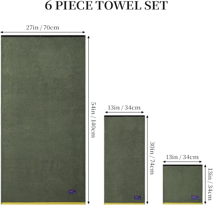 REDKISS 6 Piece Bath Towel Set, 100% Cotton, Soft Absorbent 600 GSM | Includes 2 Bath Towels, 2 Hand Towels & 2 Washcloths | Quick Dry | Contrast Border Design | Bathroom | Guest Bath & Apartment