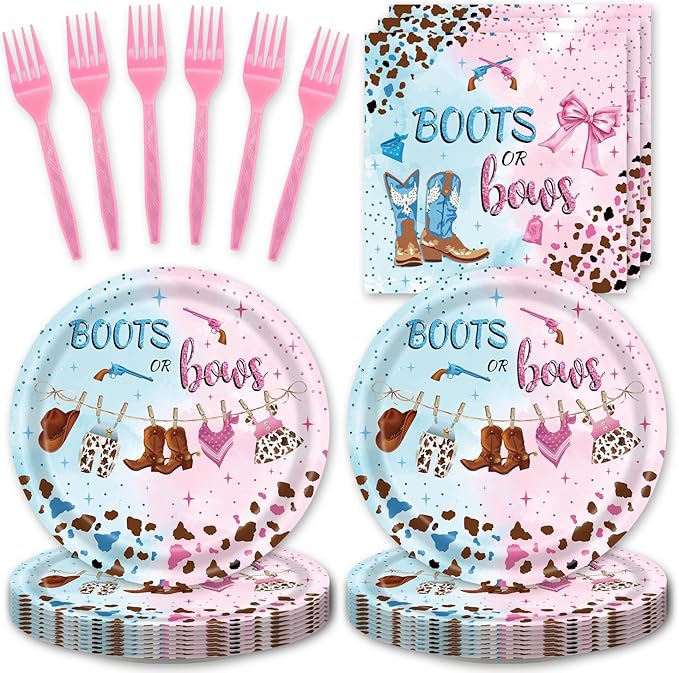 48pcs Pink Blue Gender Reveal Party Decoration Set,16 Dessert plate,16 Napkin And 16 Fork,16 persons Disposable tableware,Used Cowgirl Birthday Party Supplies (Multicolor 25)
