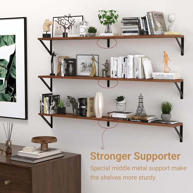 Heimlove 48 Inch Large Wall Bookshelves Set of 3, Wall Mounted Bookshelves,Heavy Duty Wooden Shelves for Living Room,Bedroom,Kitchen,Laundry Room Storage & Decor