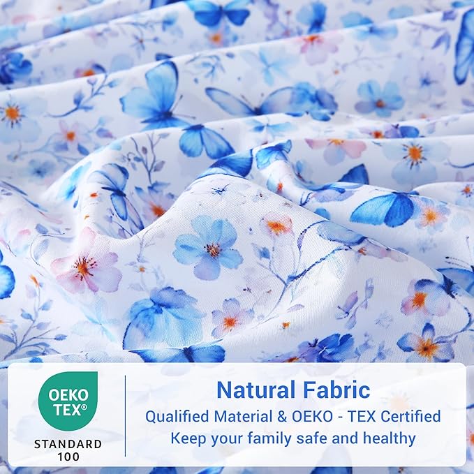 Softan Twin Floral Sheets, Microfiber Blue Flower Printed Fitted Sheets with Non-Slip Corner Straps and 15" Deep Pocket, Butterfly Patterned Cozy Bed Sheets, Single Sheets & Pillowcase Sets