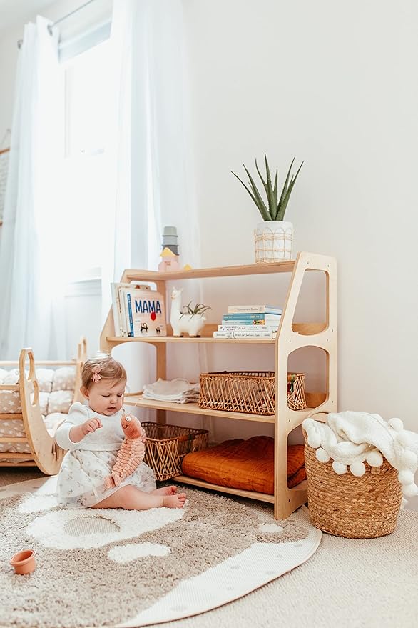 WOOD&ROOM Montessori Corner Shelf - 3 Tier Wooden Kids Bookshelf for Toddlers, Book Storage for Classroom, Toy Shelf Organizer, Small Bookshelf for Kids Room, Nursery Montessori Furniture