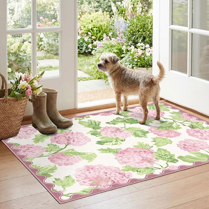 Summer Outdoor Rug - 28" x 43" Front Door Mat Indoor Outside Entrance Non-Slip Washable Outdoor Welcome Mats for Front Door Boho Pink Floral Rug for Entryway Kitchen Bedroom Front Porch Decor