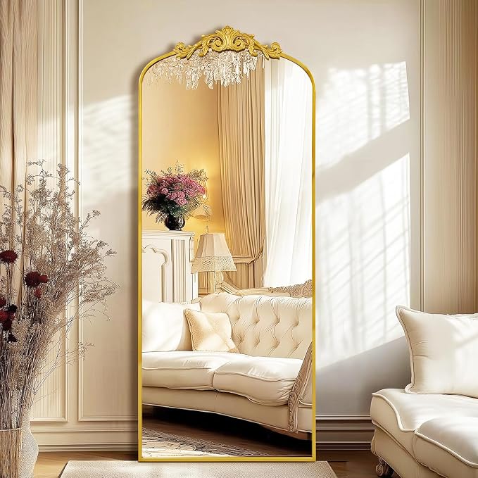 71" x 30" Gold Arch Full Length Mirror, Vintage Ornate Baroque Floor Mirror with Decorative Crown, Large Arched Wall Mounted Dressing Mirror for Bedroom, Living Room, Entryway