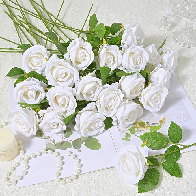 Waipfaru 100 Pcs White Roses Artificial Flowers Bulk, Real Touch Velvet Roses with Wrapping Paper, Fake Flowers for Wedding Centerpieces Bridal Bouquet Valentines Mothers Day Decor