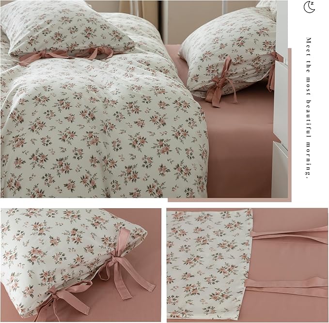 VM VOUGEMARKET Peach Flower Bedding Set King Chic Girls Floral Duvet Cover with Zipper Closure 100% Cotton Blush Pink Comforter Cover Set(3 pcs,104x90)