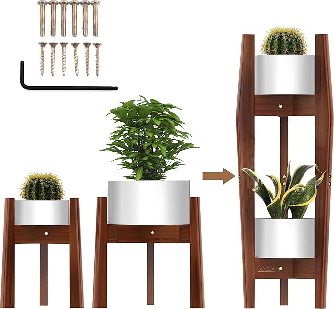 ROCCA 2-Tier Tall Plant Stand Indoor – Adjustable Bamboo Plant Stand (8–12”), Wooden Corner Pedestal for Multiple Pots, Modern Space-Saving Design