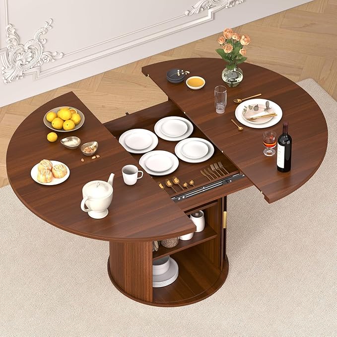 DHH 47"-63" Extendable Round Dining Table for 4–8 with Storage, Mid Century Modern Farmhouse Wood Oval Dinner Table with Pedestal Base for Kitchen, Living Room (Walnut)