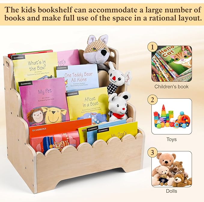 MBYD Wooden Kids Bookshelf 4-Tier, Scalloped Book Shelf for Kids, Front Facing Toddler Montessori Bookshelf, Baby Nursery Book Shelves, Children Bookcase Organizer for Bedroom Playroom Living Room