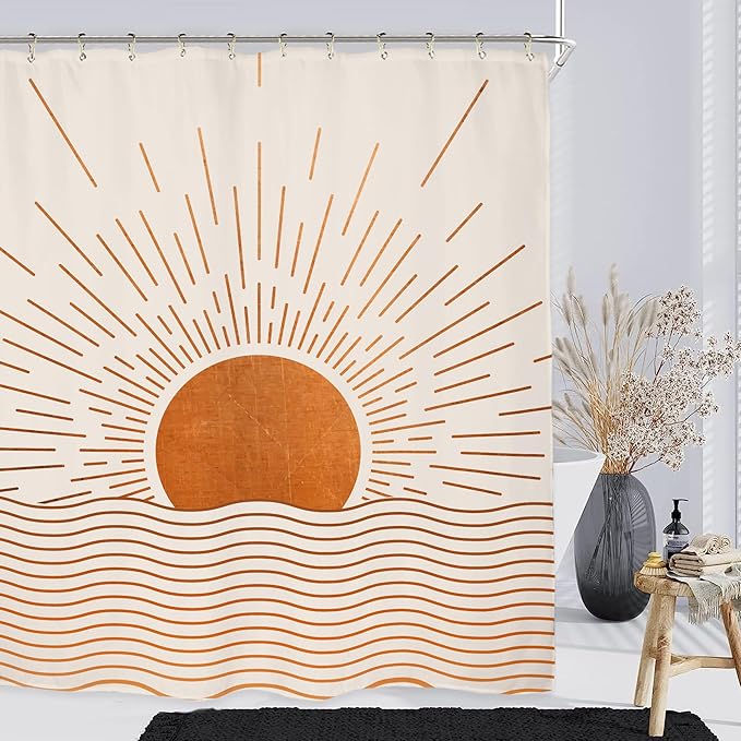 Miyotaa Abstract Sun Shower Curtain Set 60Wx71H Inches Burnt Orange Sunrise Sunset Mid Century Retro Vintage Minimalist Aesthetic Waterproof Bathroom Curtain with 12 Hooks