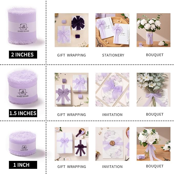 DORIS HOME Light Purple Chiffon Ribbon for Flower Bouquet, 1" x21Yd Fabric Ribbon for Gift Wrapping, Handmade Frayed Ribbon for Wedding Invitations/Christmas Decorations