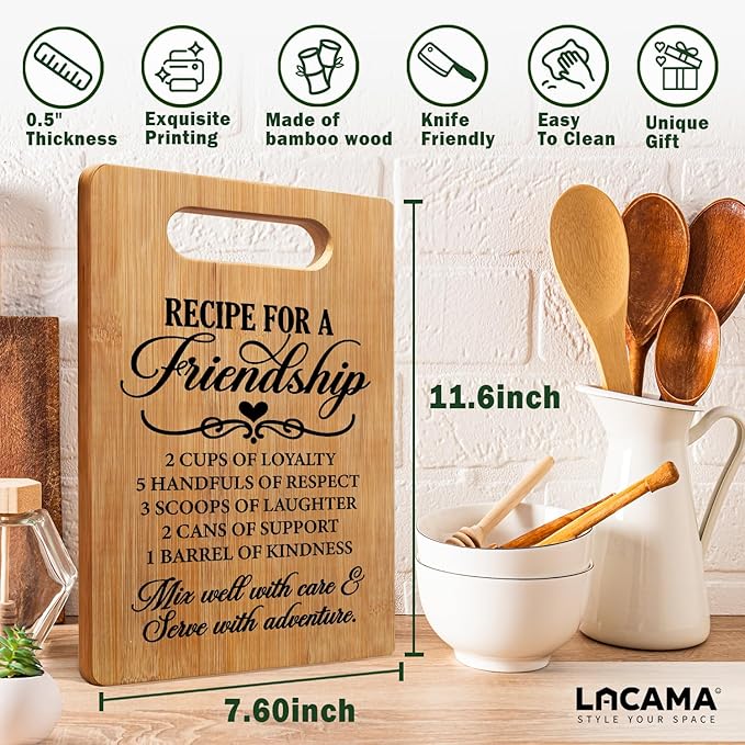 Lacama Friendship Gifts for Women Cutting Board for Kitchen, Best Friend Bestie BFF Christmas Birthday Mother's Day Kitchen Gifts for Women, Recipe for a Friendship Decorative Bamboo Cutting Board
