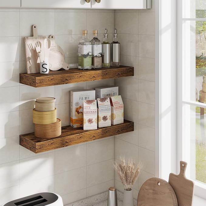 Fun Memories Floating Shelves Set of 2, 24 Inch Floating Shelves for Wall, Wood Wall Shelves with Invisible Brackets, for Bathroom, Bedroom, Living Room, Kitchen, Rustic Brown