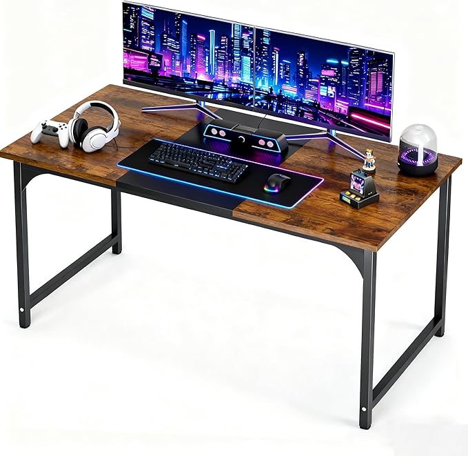 55inch Computer Desk with Deeper Carbon Fiber Desktop, Gaming Office Desk with Sturdy Metal Frame,Home Office Desk for Gaming, Working, Studying, Rustic Brown