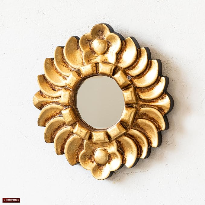 Peruvian Accent Mirror 6" - Small Round Gold Wall Decor - Hand-Carved Sunburst Mirror with Bronze Leaf - Unique (Gold)
