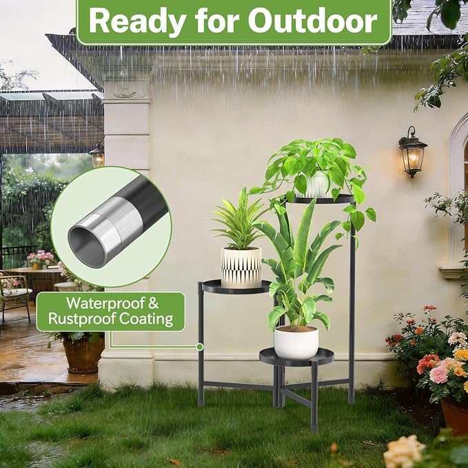 iDavosic.ly 3 Tier Large Plant Stand Indoor with 10 Inch Wide Tray, Tiered Corner Metal Outdoor Flower Display Holder Shelf, Folding Tall Rack for Patio Porch Living Room, Modern Black