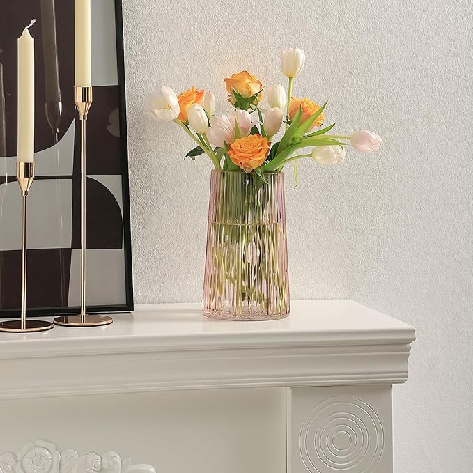 Pink Glass Vase for Flower, Flower Vase for Bouquet, Modern Glass Vases, Ribbed Vases for Living Room, Bedroom, Dining Table, Office, Wedding, Centerpieces, 8 Inches