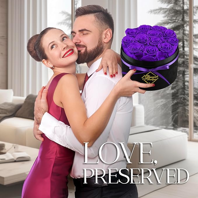 GLAMOUR BOUTIQUE Flowers Forever Gift Box 12 Real Preserved Roses in a Velvet Box, Birthday for Her Mom and Wife, Mothers Day, Anniversary, Graduation - Purple