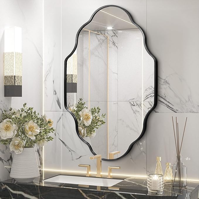 Scalloped Mirror for Bathroom - 24"x36" Black Bathroom Mirror with Aviation Aluminum Alloy Frame & Shatter-Proof Glass for Living Room Bedroom Entryway, Brushed Black Frame(x1)