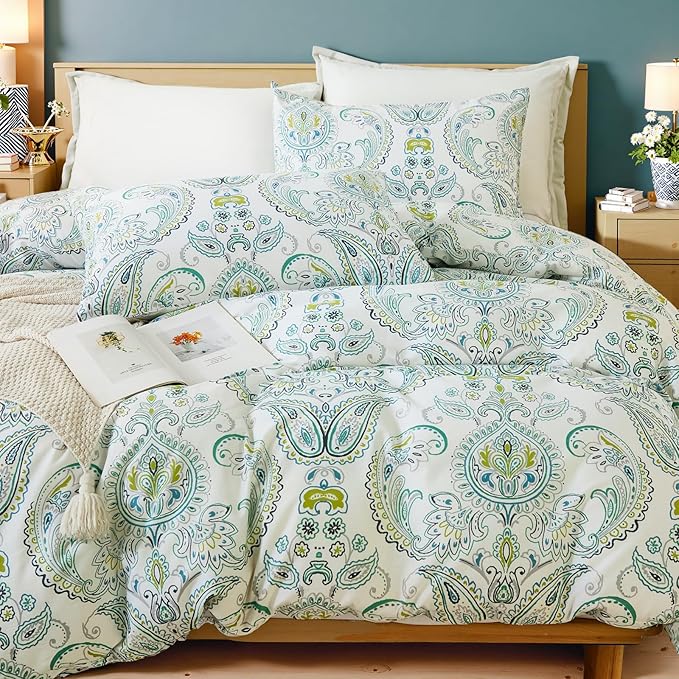 100% Cotton Floral Duvet Cover Queen - Green Paisley Comforter Cover 3-PC, Soft & Breathable Bedding Duvet Cover Sets with Zipper Closure & Corner Ties, Retro Duvet Cover Sets