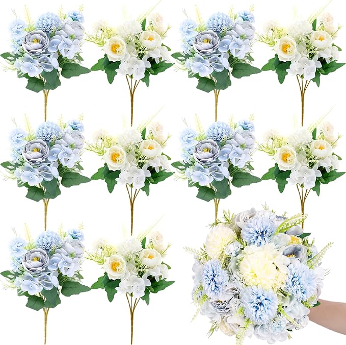 Olgaa 12 Bundles Peonies Artificial Flowers Silk Flowers Fake Peony Bouquet Faux Peonies Flowers Bulk for Wedding Decor Centerpiece Table Decorations (Blue White)