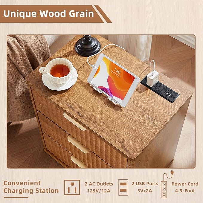 LEYAOYAO Fluted Nightstand with Charging Station, 23" Modern Night Stand with Woodgrain Top, 3 Drawers End Table w/Storage, Bedside Tables for Bedroom, Living Room, Curved Profile Design,Brown