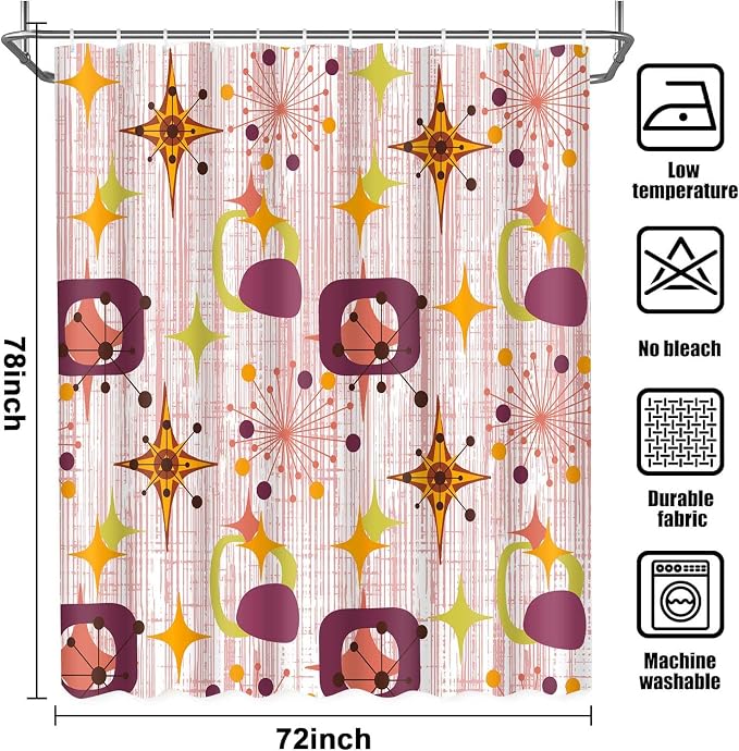 Mid Century Shower Curtain, 72x78inch, Modern Abstract Retro Red Striped Geometric Shower Curtain Sets 1950s Boho Bathroom Shower Curtain with 12 Hooks