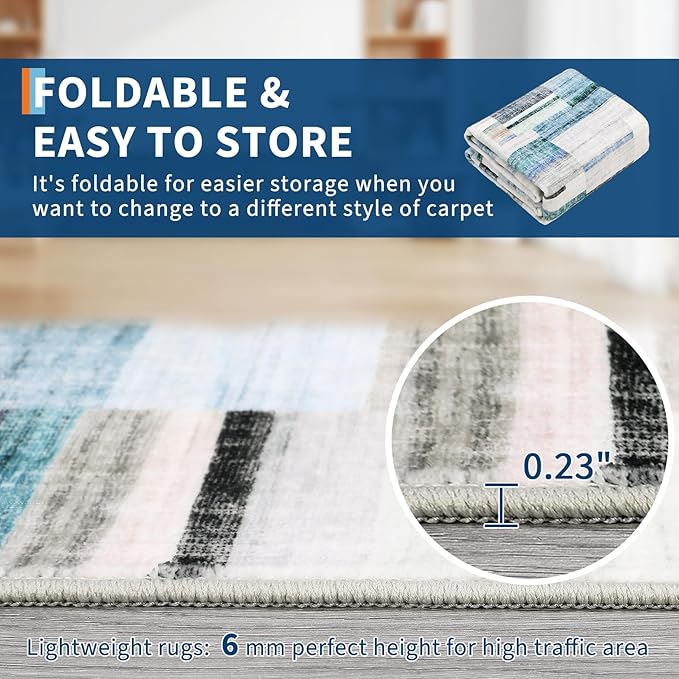 Modern Area Rugs 5x7 Rug for Living Room Washable Geometric Throw Rugs with Non-Slip Backing, Non-Shedding Contemporary Accent Carpet, Low Pile Floor Cover for Bedroom, Office, Blue