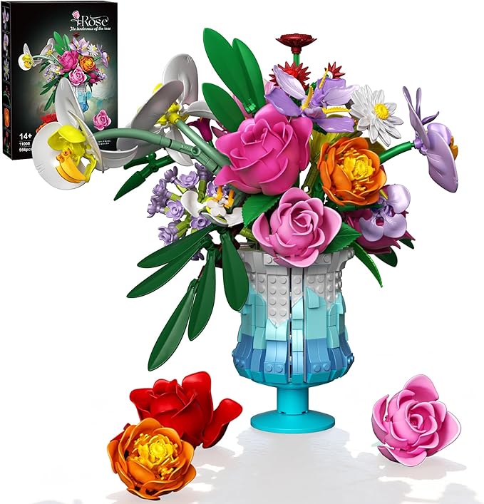 Flower Building Set with Vase, Artificial Botanical Flower Set for Adults Women, Home Décor Display, Romantic Gift for Christmas, Valentine’s Day, Compatible with Lego Flower, 956 PCS