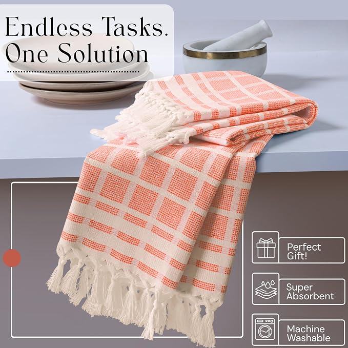 Matrix Dobby Kitchen Towels 12 Pack 100% Cotton, 16x26 Inches, Decorative Tea Towels with Handmade Tassels, Absorbent, Reusable Dish Cloths for Drying Dishes - Bright Orange, Natural