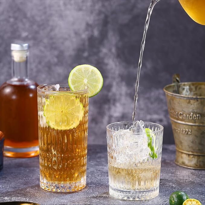Loivttvv Glassware Drinking Glasses Set of 8, 14 oz Highball Glasses & 10 oz Ribbed Glass Cups, Vintage Glassware for Water, Juice, Cocktail, Whiskey (Clear)