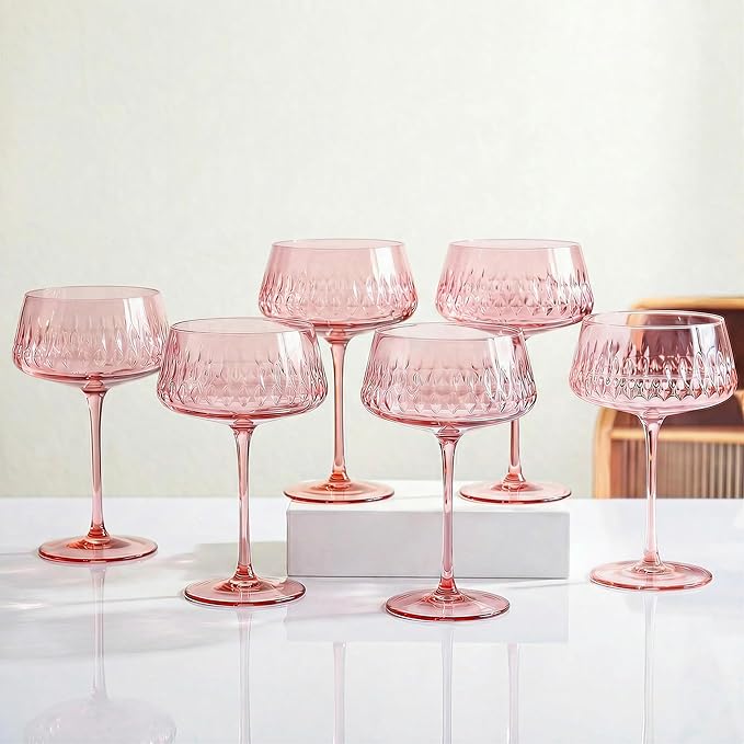 JOVGANK Pink Martini Glasses Set of 6, Hand Blown Cocktail Glass 14Oz, Large Vintage Champagne Coupe Glasses, Crystal Retro Style Bar Party Wedding Gift for Ice Cream Dessert
