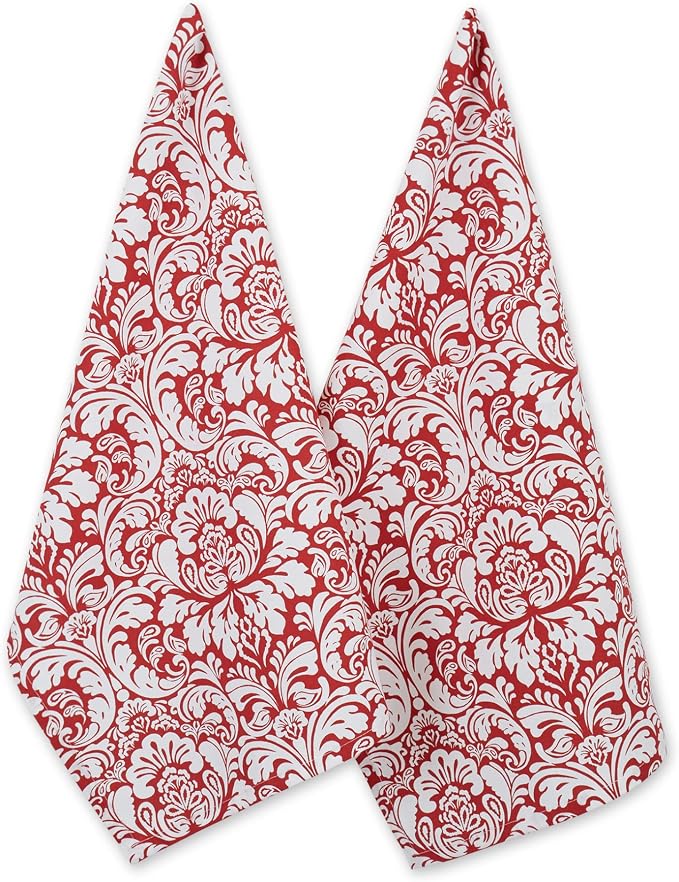 DII Cotton Dish Towel Set Damask Print, 18x28, Tango Red, 2 Count