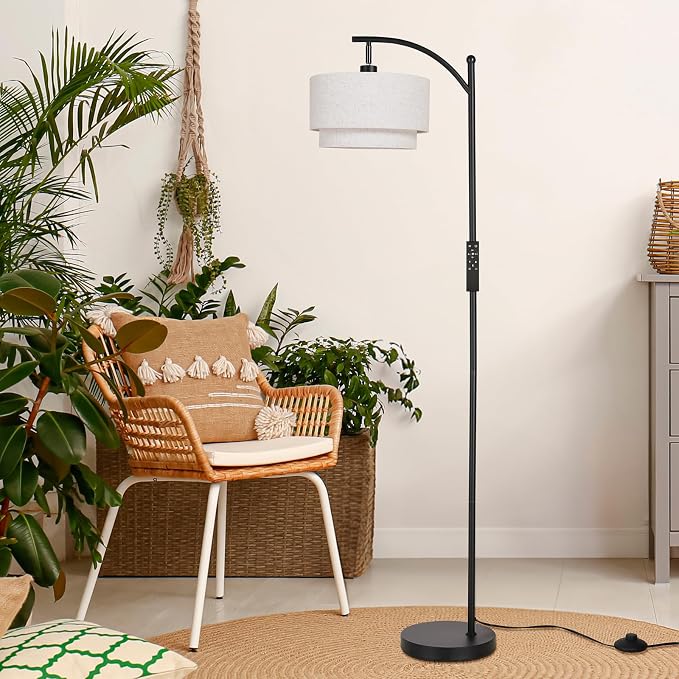 SUNMORY Floor Lamps for Living Room with 12W Remote and Dimmable Bulb, LED Arc Lamp, Modern Floor Lamps with Adjustable Double Fabric Shades, Tall Standing Lamp for Bedroom, Corner, Home Decor