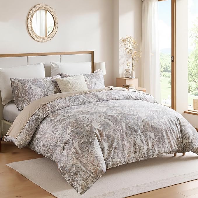 100% Cotton Duvet Cover King Size – Elegant Vintage Botanical Bedding Set with Zipper Closure, 3 Pieces Soft Breathable Neutral Floral Print Comforter Cover with 2 Pillowcases