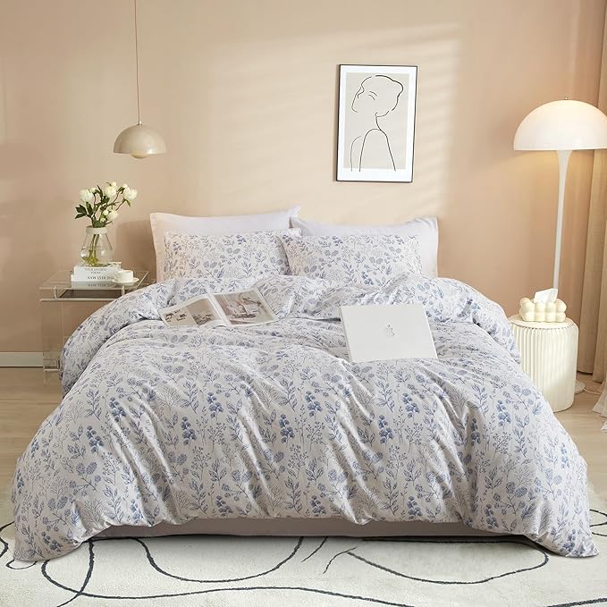 VM VOUGEMARKET Duvet Cover Full 3 PCS Blue Floral Bedding Set Botanical Printed on White Duvet Cover Soft Cotton Comforter Cover with Zipper Closure 4 Ties for Teen Girls-80x90 Inch