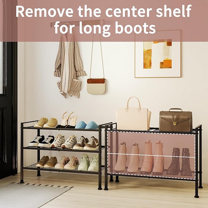 DongRong 3 Tier Shoe Rack for Closet,Adjustable Metal Shoe Storage Organizer Utility Shelf for Entryway, Dorm Room,Bedroom,Heavy Duty Shelf (Black, 3 Tier)
