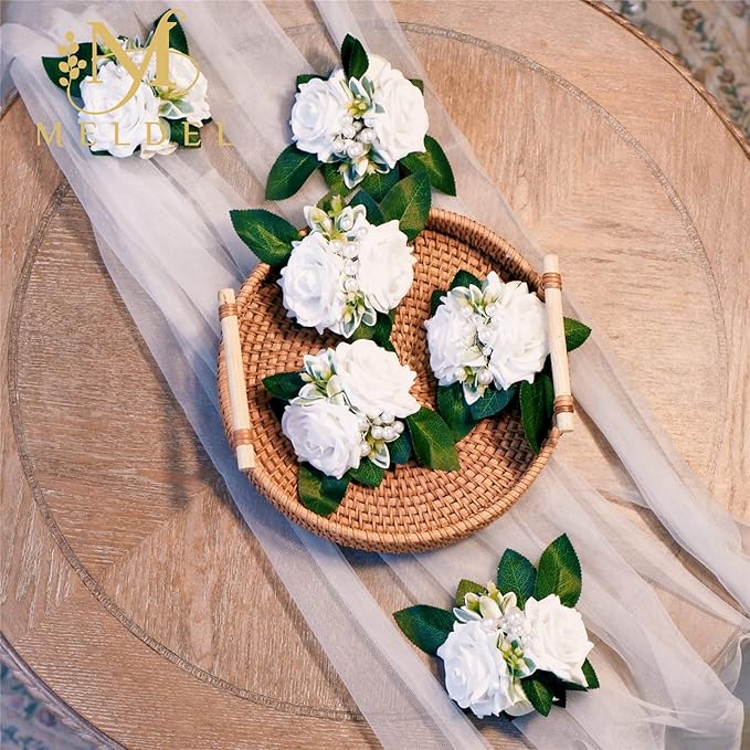 Meldel White Ivory Rose Floral Shoulder Corsages & Boutonniere for Men Wedding, Set of 6, Bride Bridal Bridesmaid Groom Groomsmen Boutineers for Ceremony Anniversary Party Prom Boutonniere