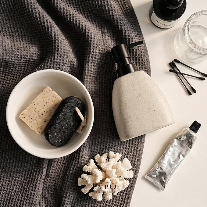 EMPO Ceramic Hand Soap Dispenser with Matte Black Pump, Stone-Textured Wabi-Sabi Liquid Dispenser for Bathroom Vanity and Kitchen Sink (360ml)