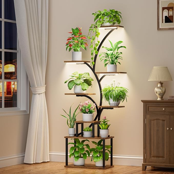 POZILAN Plant Stand Indoor with Grow Lights, 8 Tiered Tall Plant Shelf for Indoor Multiple Plants, Metal Large Flower Holder Display Rack for Living Room, Garden, Patio