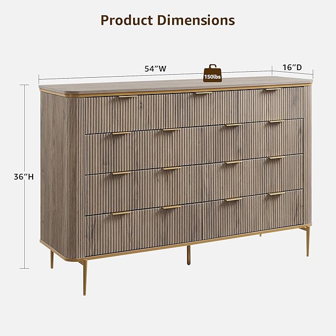 T4TREAM Fluted 9 Drawers Dresser, Modern Wooden Top Chest of Drawers with Curved Profile Design, Dresser TV Stand Drawer Organizers for Bedroom, Living Room, Hallway(Alder Grey)
