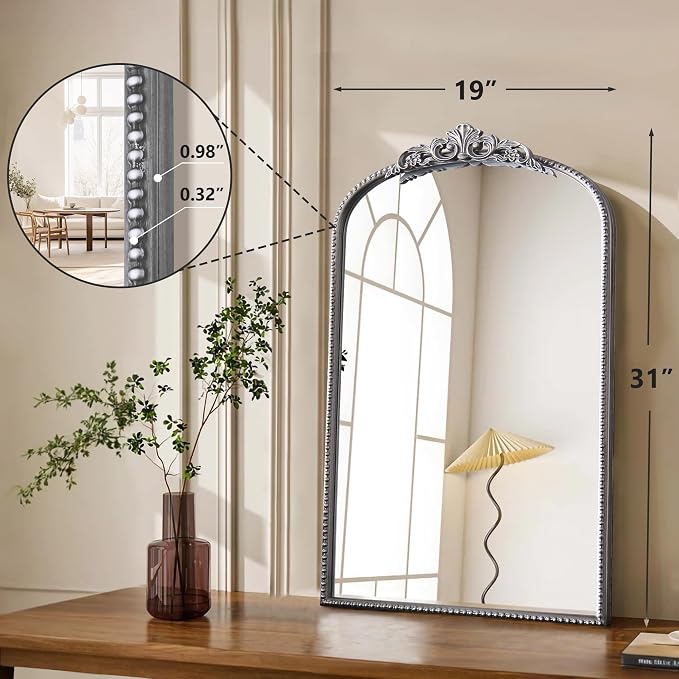 Micasso Vintage Arched Silver Mirror: 31"x19" French Baroque Antique Mirror - Traditional Ornate Decorative for Wall/Bathroom/Entryway/Fireplace/Hallway - Home Decor for Living Room