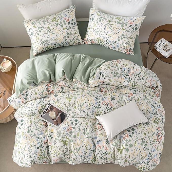 mixinni Sage Green Duvet Cover Set King-Exquisite Floral King Size Comforter Set for All Seasons, 3 Pieces, 1 Wildflower Plants Duvet Cover (104"x90") and 2 Pillow Cases (20"x36"), Sage Green