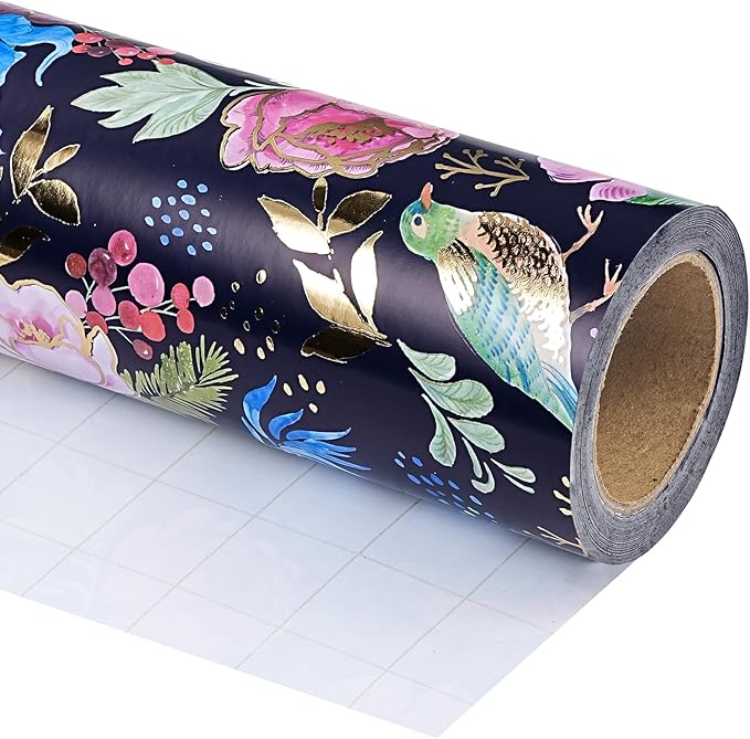 WRAPAHOLIC Floral Wrapping Paper Roll - Mini Roll - 17 Inch x 16.5 Feet - Elegant Gold Foil Birds and Flower Wrapping Paper Perfect for Wedding, Birthday, Bridal Shower, Tea Party