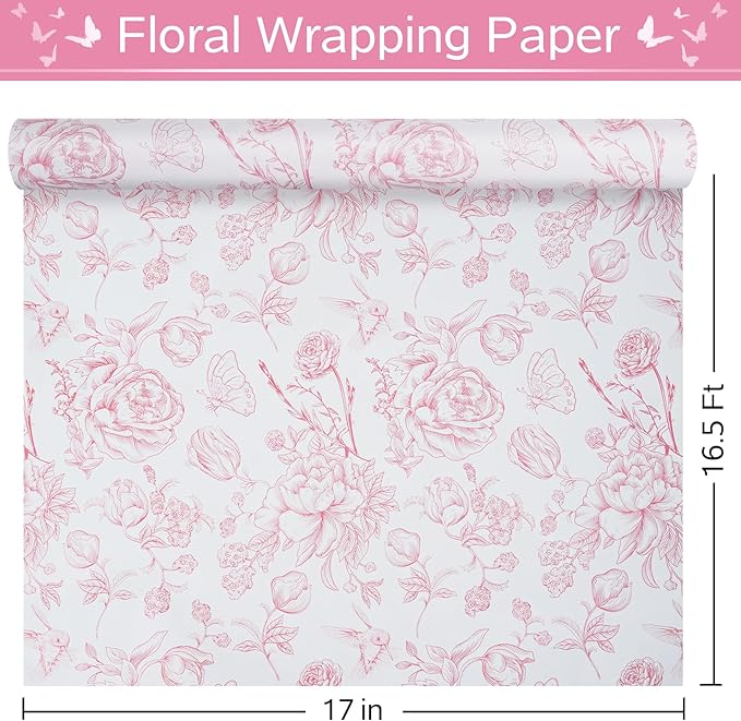 RayofSun Pink Floral Wrapping Paper Roll 17 in x 16.5 ft Mini Roll Vintage Toile Flower Gift Wrap Paper for All Occasion Wedding Birthday Bridal Shower Party Baby Shower Christmas