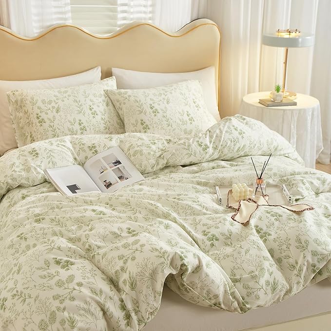 HighBuy 3 Pieces Duvet Cover Queen White Duvet Cover with Green Floral Print,Coquette Soft Cotton Comforter Cover Boho Style,Aesthetic Queen Bedding Set with Zipper Closure 4 Ties,All Season